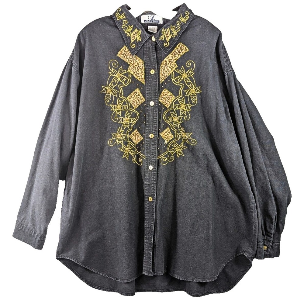 Club Z Denim Jacket Women 3X Black‎ Embroidered Patches Beaded Goth Witchy Artsy